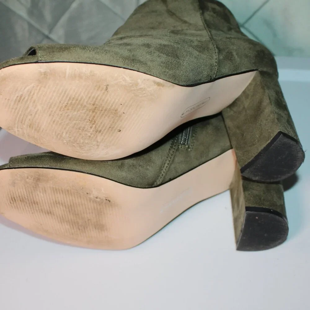 BAMBOO Olive Brown Vegan Suede‎ Peep Toe Bootie Ankle Boots Sz. 9 *SH